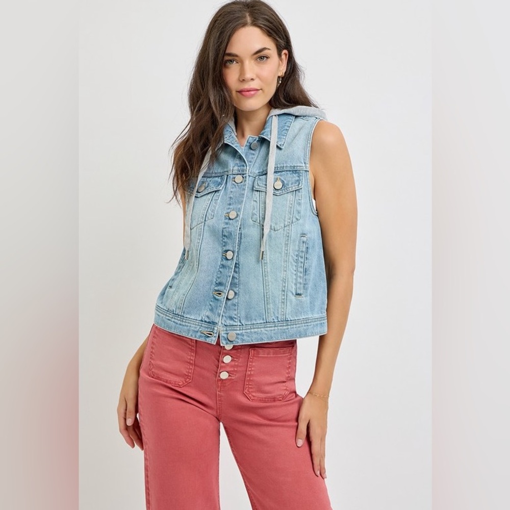 Risen Jeans PLUS SIZE denim mineral wash sleeveless vest coat jacket with hood